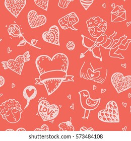 Love pattern with hand drawn doodle hearts.  Valentines Day design