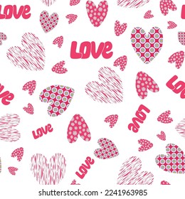 Patrón de amor con corazones dibujados a mano y palabra AMOR. Para envolver papel, textil, scrapbooking, saludos, proyectos DIY.