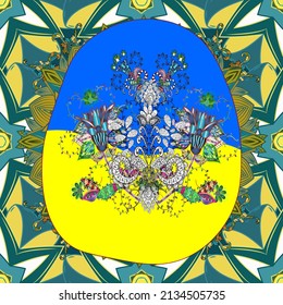 love pattern with nice lettering calligraphy text and hearts, doodles. Graphic on yellow and blue colors. Hand drawn illustration in cartoon style. Art for web, print, fabric. Vector.