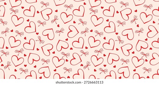 Patrón de amor con nubes y cintas. Corazón dibujado a mano con diseño de arcos. Fondo de feliz día de San Valentín perfecto para invitaciones, tarjetas, impresión, ropa, póster, Web, papel de regalo. Ilustración vectorial