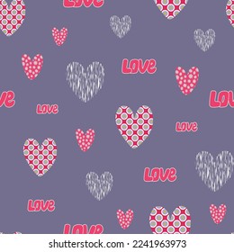 Patrón de amor sobre fondo morado con corazones dibujados a mano y palabra AMOR. Para envolver papel, textil, scrapbooking, saludos, proyectos DIY.