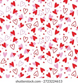 Love Pattern with Red and Pink Nubes. Hand drawn heart design. Happy Valentines Day background perfect for invitations, cards, print, apparel, poster, web, wrapping paper. Vector Illustration