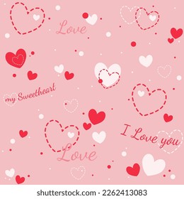 Love pattern, romantic pattern, red and white hearts on the pink background. I love you, my Sweetheart for textile, paper, fabric, background. Vector illustration 