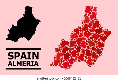 Love pattern and solid map of Almeria Province on a pink background. Mosaic map of Almeria Province formed with red valentine hearts. Vector flat illustration for love conceptual illustrations.