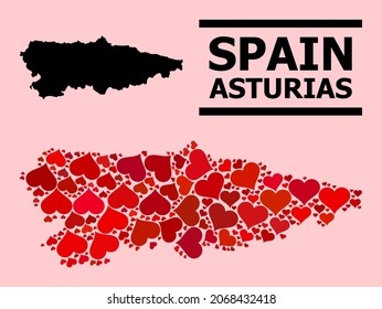 Love pattern and solid map of Asturias Province on a pink background. Collage map of Asturias Province designed with red love hearts. Vector flat illustration for love concept illustrations.