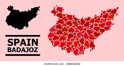 Love pattern and solid map of Badajoz Province on a pink background. Mosaic map of Badajoz Province designed with red love hearts. Vector flat illustration for marriage abstract illustrations.