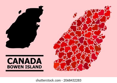 Love pattern and solid map of Bowen Island on a pink background. Collage map of Bowen Island is created with red lovely hearts. Vector flat illustration for dating abstract illustrations.