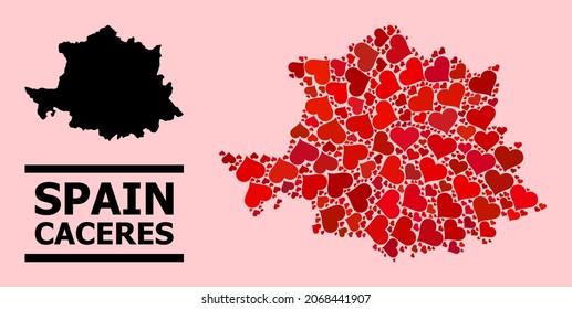 Love pattern and solid map of Caceres Province on a pink background. Collage map of Caceres Province is designed with red love hearts. Vector flat illustration for marriage abstract illustrations.