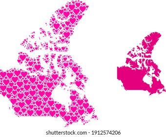 Love pattern and solid map of Canada. Collage map of Canada created with pink love hearts. Vector flat illustration for love abstract illustrations.