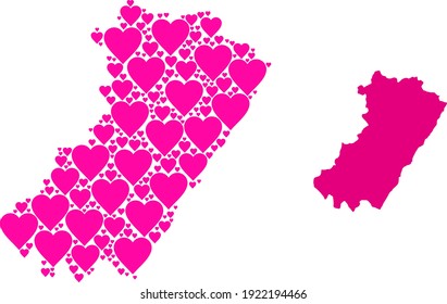 Love pattern and solid map of Castellon Province. Mosaic map of Castellon Province created from pink lovely hearts. Vector flat illustration for dating concept illustrations.