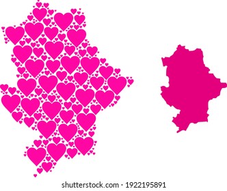 Love pattern and solid map of Donetsk Republic. Collage map of Donetsk Republic is designed with pink lovely hearts. Vector flat illustration for dating concept illustrations.