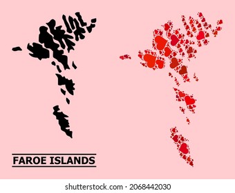 Love pattern and solid map of Faroe Islands on a pink background. Collage map of Faroe Islands is composed with red lovely hearts. Vector flat illustration for love conceptual illustrations.