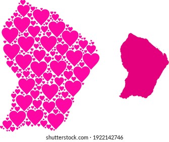 Love pattern and solid map of French Guiana. Mosaic map of French Guiana is designed with pink lovely hearts. Vector flat illustration for love conceptual illustrations.