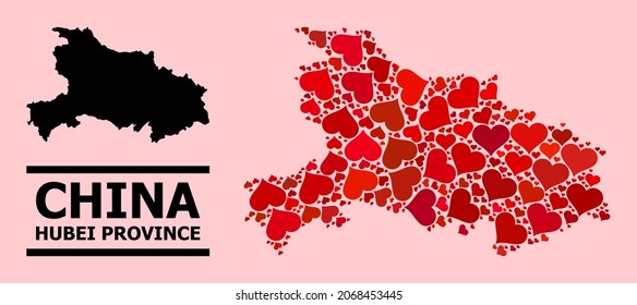 Love pattern and solid map of Hubei Province on a pink background. Mosaic map of Hubei Province is formed from red lovely hearts. Vector flat illustration for love conceptual illustrations.