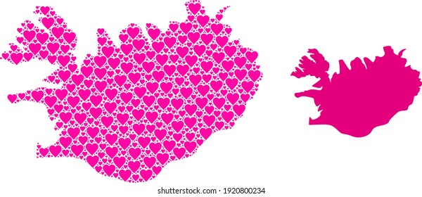 Love pattern and solid map of Iceland. Mosaic map of Iceland is formed with pink love hearts. Vector flat illustration for love conceptual illustrations.