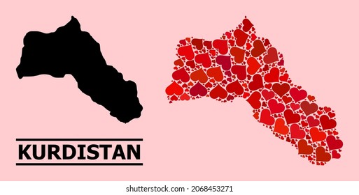 Love pattern and solid map of Kurdistan on a pink background. Collage map of Kurdistan formed with red lovely hearts. Vector flat illustration for marriage conceptual illustrations.