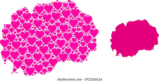 Love pattern and solid map of Macedonia. Mosaic map of Macedonia is formed with pink lovely hearts. Vector flat illustration for love conceptual illustrations.
