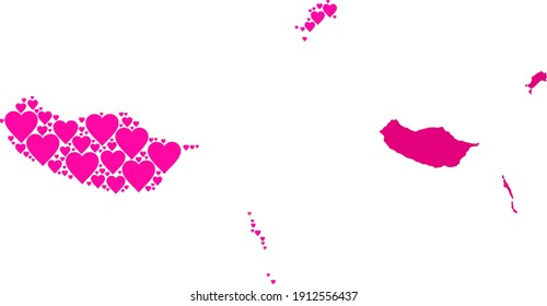 Love pattern and solid map of Madeira Islands. Collage map of Madeira Islands is created with pink love hearts. Vector flat illustration for dating abstract illustrations.