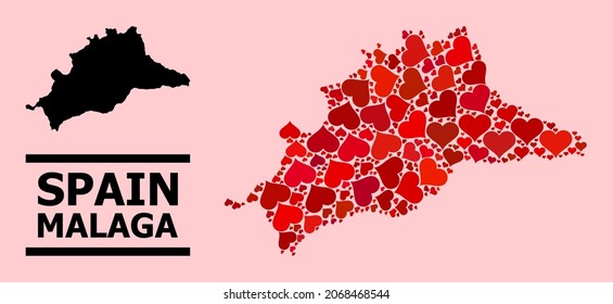 Love pattern and solid map of Malaga Province on a pink background. Collage map of Malaga Province created with red hearts. Vector flat illustration for love concept illustrations.