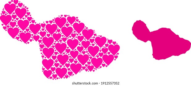 Love pattern and solid map of Maui Island. Mosaic map of Maui Island formed with pink valentine hearts. Vector flat illustration for love conceptual illustrations.