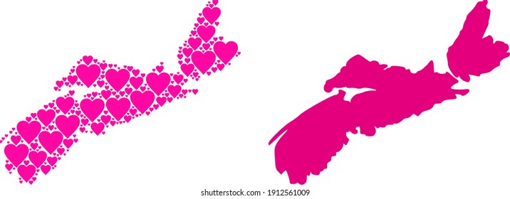 Love pattern and solid map of Nova Scotia Province. Collage map of Nova Scotia Province designed with pink lovely hearts. Vector flat illustration for love conceptual illustrations.