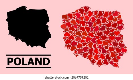 Love pattern and solid map of Poland on a pink background. Collage map of Poland composed with red love hearts. Vector flat illustration for dating concept illustrations.