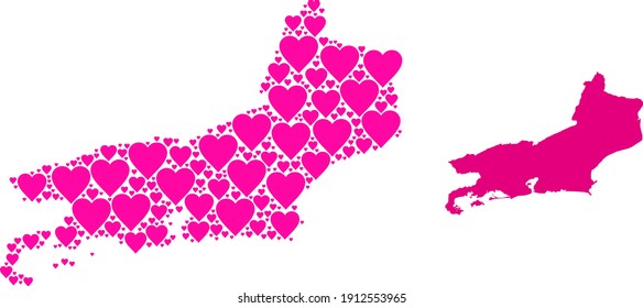 Love pattern and solid map of Rio de Janeiro State. Collage map of Rio de Janeiro State designed from pink love hearts. Vector flat illustration for dating conceptual illustrations.