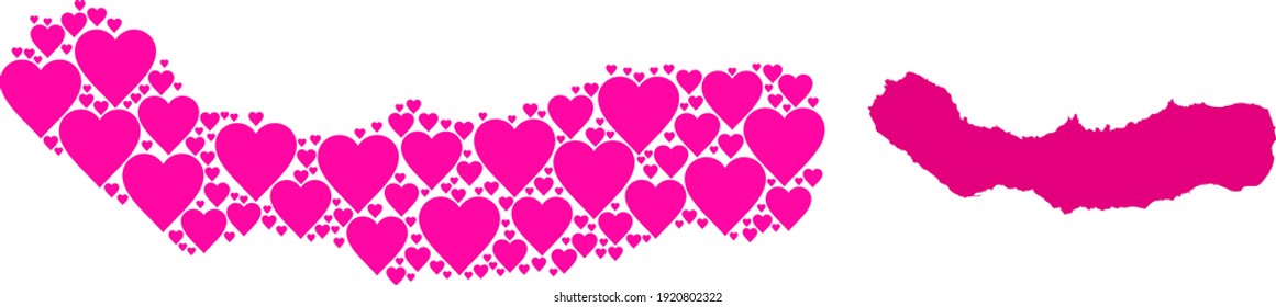 Love pattern and solid map of Sao Miguel Island. Collage map of Sao Miguel Island created with pink love hearts. Vector flat illustration for marriage abstract illustrations.