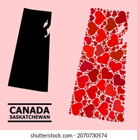 Love pattern and solid map of Saskatchewan Province on a pink background. Mosaic map of Saskatchewan Province is composed with red lovely hearts.