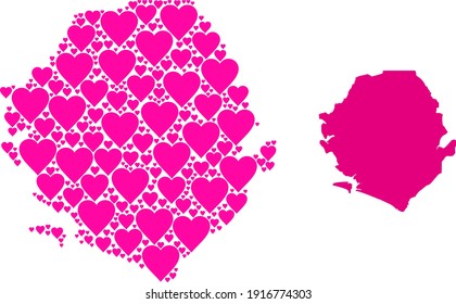 Love pattern and solid map of Sierra Leone. Mosaic map of Sierra Leone is composed from pink love hearts. Vector flat illustration for dating abstract illustrations.