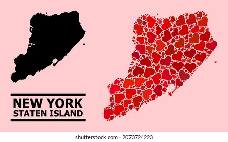 Love pattern and solid map of Staten Island on a pink background. Mosaic map of Staten Island is composed with red valentine hearts. Vector flat illustration for love concept illustrations.