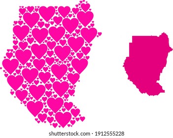 Love pattern and solid map of Sudan. Mosaic map of Sudan formed with pink love hearts. Vector flat illustration for love conceptual illustrations.