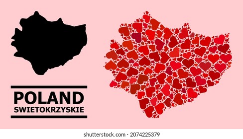 Love pattern and solid map of Swietokrzyskie Province on a pink background. Collage map of Swietokrzyskie Province composed from red love hearts.