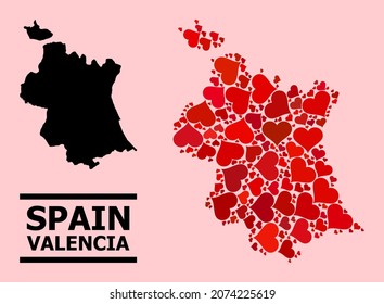 Love pattern and solid map of Valencia Province on a pink background. Mosaic map of Valencia Province is composed with red love hearts. Vector flat illustration for love concept illustrations.