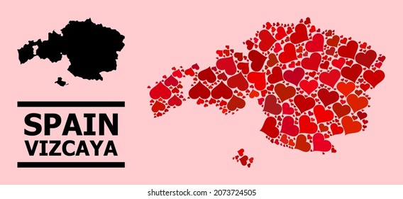 Love pattern and solid map of Vizcaya Province on a pink background. Collage map of Vizcaya Province is designed with red lovely hearts. Vector flat illustration for love conceptual illustrations.