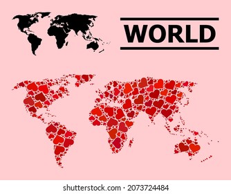 Love pattern and solid map of world on a pink background. Collage map of world is designed with red lovely hearts. Vector flat illustration for love concept illustrations.