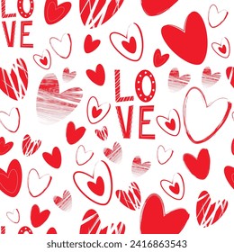 Love pattern, valentines day pattern. Valentine's Day card, February 14th card. Love pattern with red hearts and the inscription love on a white background