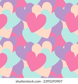 Love pattern for Valentines Day with hearts, pastel colors, blue, pink, red, purple.