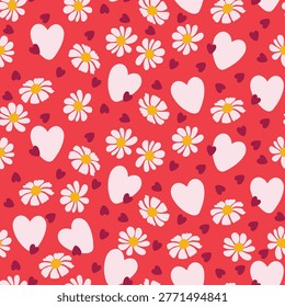 Love Pattern with White Nubes, Red Hearts and Flowers. Hand drawn heart design. Happy Valentines Day background perfect for invitations, cards, print, apparel, poster, web, wrapping paper. Vector