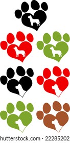  Love Paw Prins With Dog Head Silhouette. Vector Collection Set