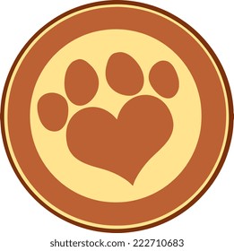 Love Paw Print Brown Circle Banner. Vector Illustration Isolated on white
