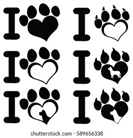 I Love Paw Print Logo Design 02. Vector Collection Set Isolated On White Background