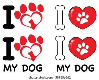 I Love Paw Print Logo Design 03. Vector Collection Set Isolated On White Background