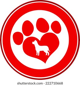 Love Paw Print Red Circle Banner Design With Dog Silhouette. Vector Illustration Isolated on white
