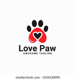 love paw print vector logo illustration. paw print with a heart symbol. cat or dog paw print. veterinary clinic logo. animal care sign. 