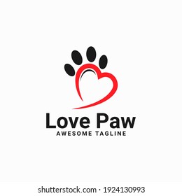 love paw print vector logo illustration. paw print with a heart symbol. cat or dog paw print. veterinary clinic logo. animal care sign. 