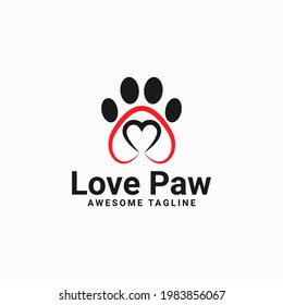 ilustración del logotipo del vector de impresión de la pata de amor. con un símbolo cardíaco. impresión de garras de perro o gato. logotipo de la clínica veterinaria. signo de cuidado animal.