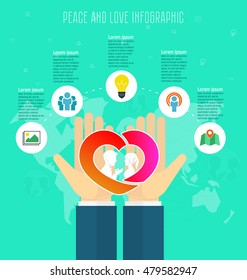 Love and peace concept, infographic template. Save love, hands holding red heart, people silhouette, abstract world map on background. Flat style, vector illustration