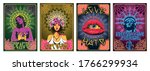 Love, Peace, Freedom Psychedelic Art Poster Set, Hippie Women, Statue of Liberty, Women Lips, Floral Mandals, Ornate Backgrounds