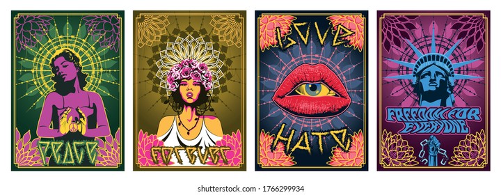 Love, Peace, Freedom Psychedelic Art Poster Set, Hippie Women, Statue of Liberty, Women Lips, Floral Mandals, Ornate Backgrounds